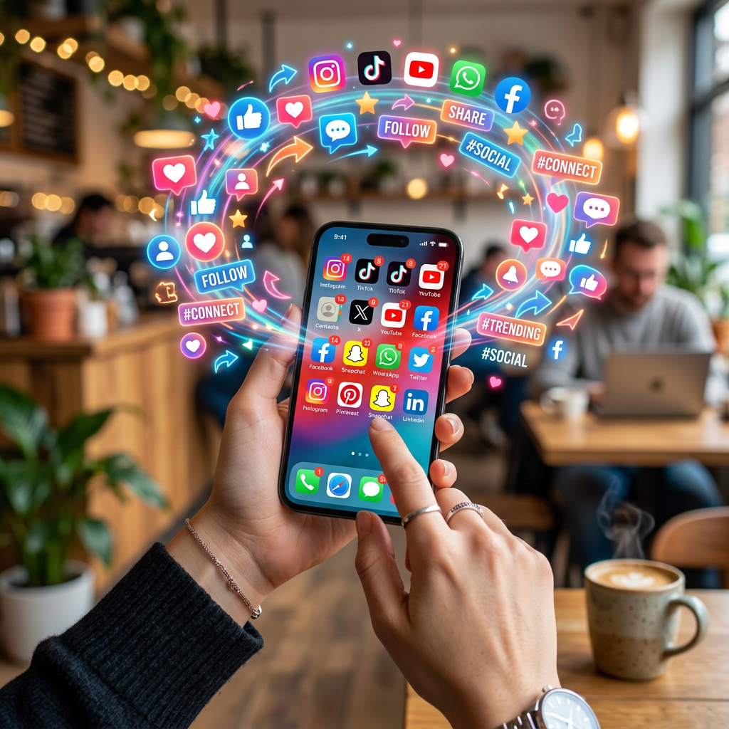 Hand holding smartphone with social media app icons and animated social interaction symbols